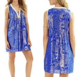 Lilly Pulitzer Blue & Gold Tanner Silk Blend Mini Dress Small Beach Preppy